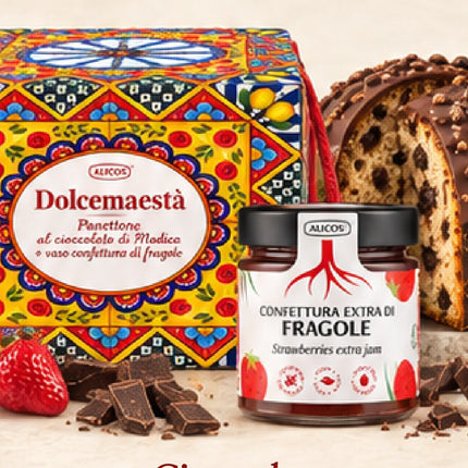 Panettone Dolcemaestà Cioccolato - coffret, panettone au chocolat de Modica et pot de confiture de fraises