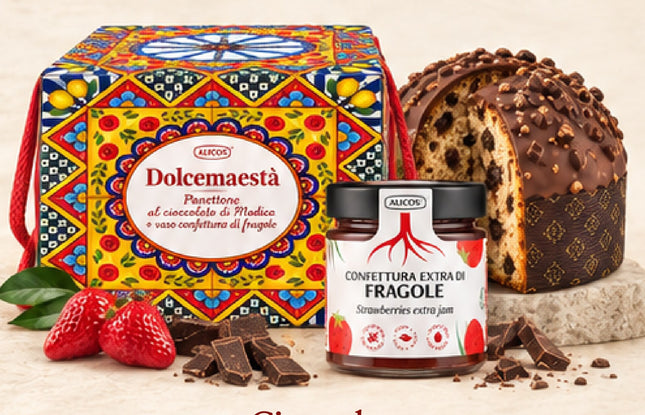 Panettone Dolcemaestà Cioccolato - coffret, panettone au chocolat de Modica et pot de confiture de fraises