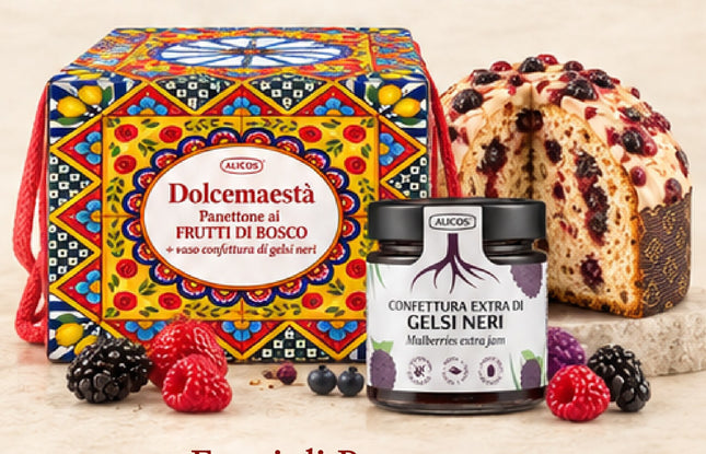 Panettone Dolcemaestà Frutti di Bosco - coffret, panettone aux fruits des bois et pot de confiture de mûres noires