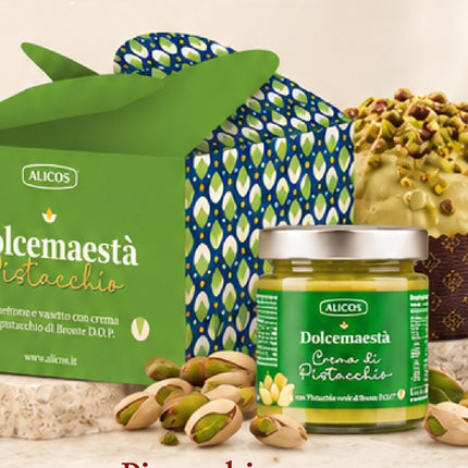 Coffret panettone Dolcemaestà Pistacchio avec pot de crème de pistache de Bronte AOP
