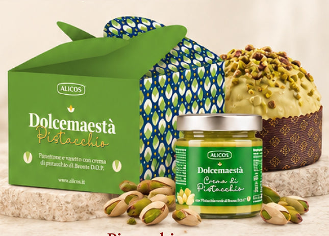 Coffret panettone Dolcemaestà Pistacchio avec pot de crème de pistache de Bronte AOP